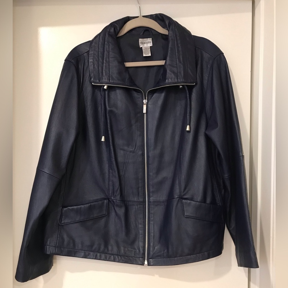Chico’s 100% genuine leather dark blue jacket SZ XL